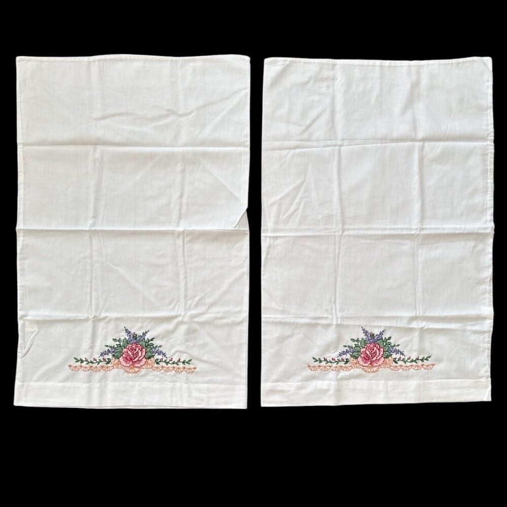 Vintage Hand Embroidered Floral Pillowcases Romantic Rose Design NWOT